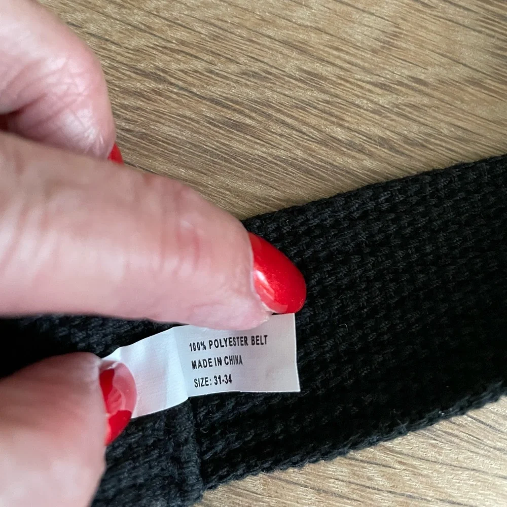 SET OF TWO WOVEN FABRIC BELTS Solid Black, Black with Teal Green Stripes